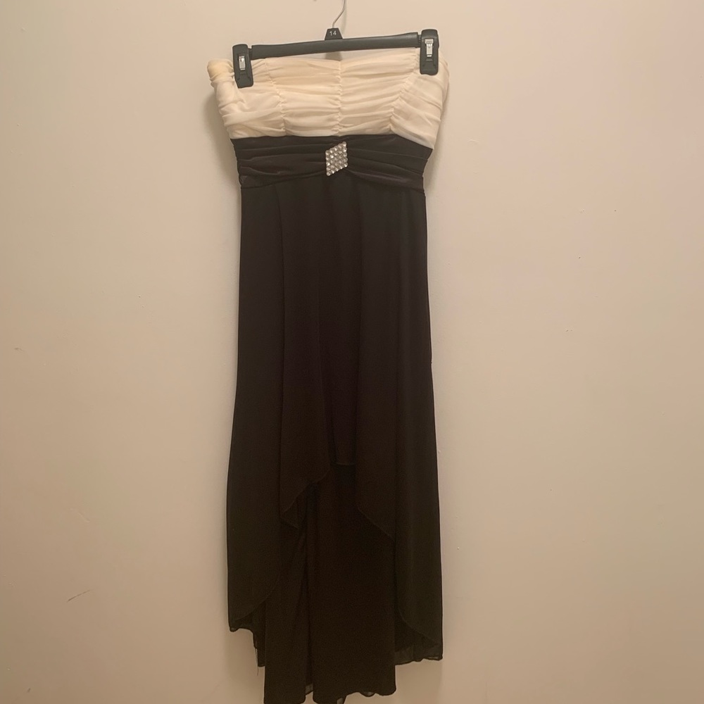 A black and white strapless prom dress
